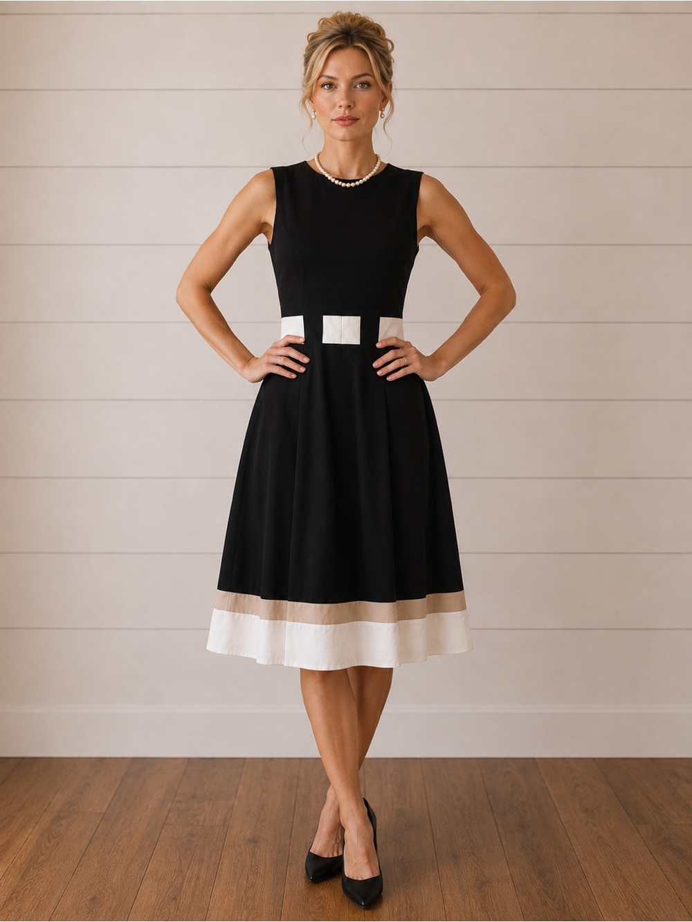 Calvin Klein Classic Black Sleeveless Fit-and-Flare Dress with Contrast Trim